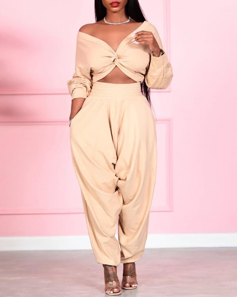 

Plain Twisted Crop Women Top & Pocket Design Pants Set, Khaki