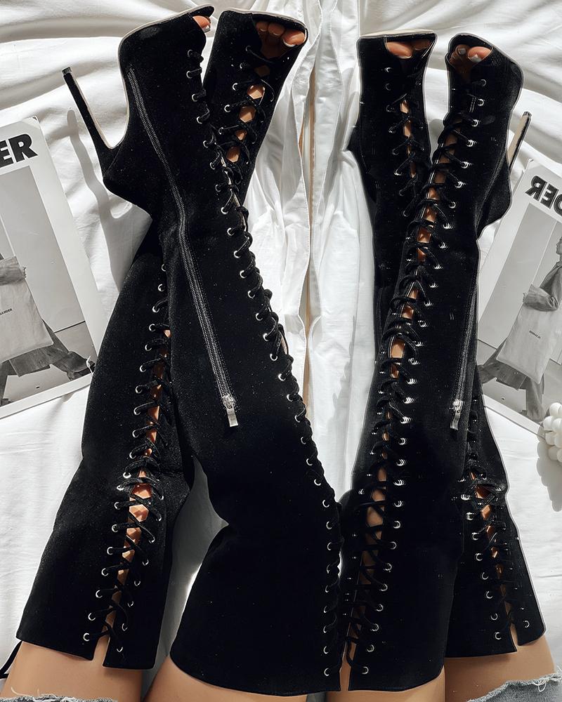 

Lace-up Over The Knee Stiletto Heel Boots, Black