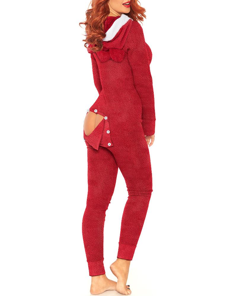 

Christmas Fluffy Hooded Functional Buttoned Flap Sleep Onesie, Red