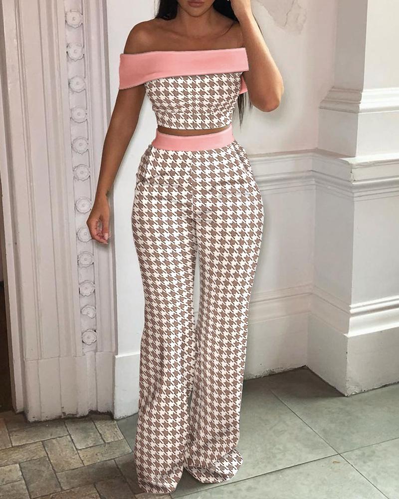 

Houndstooth Print Off Shoulder Crop Top & Pants Set, Pink
