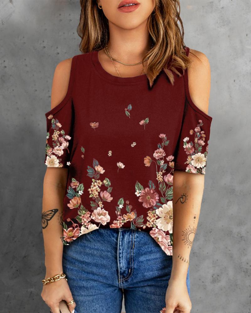 

Floral Print Cold Shoulder Top, Wine red