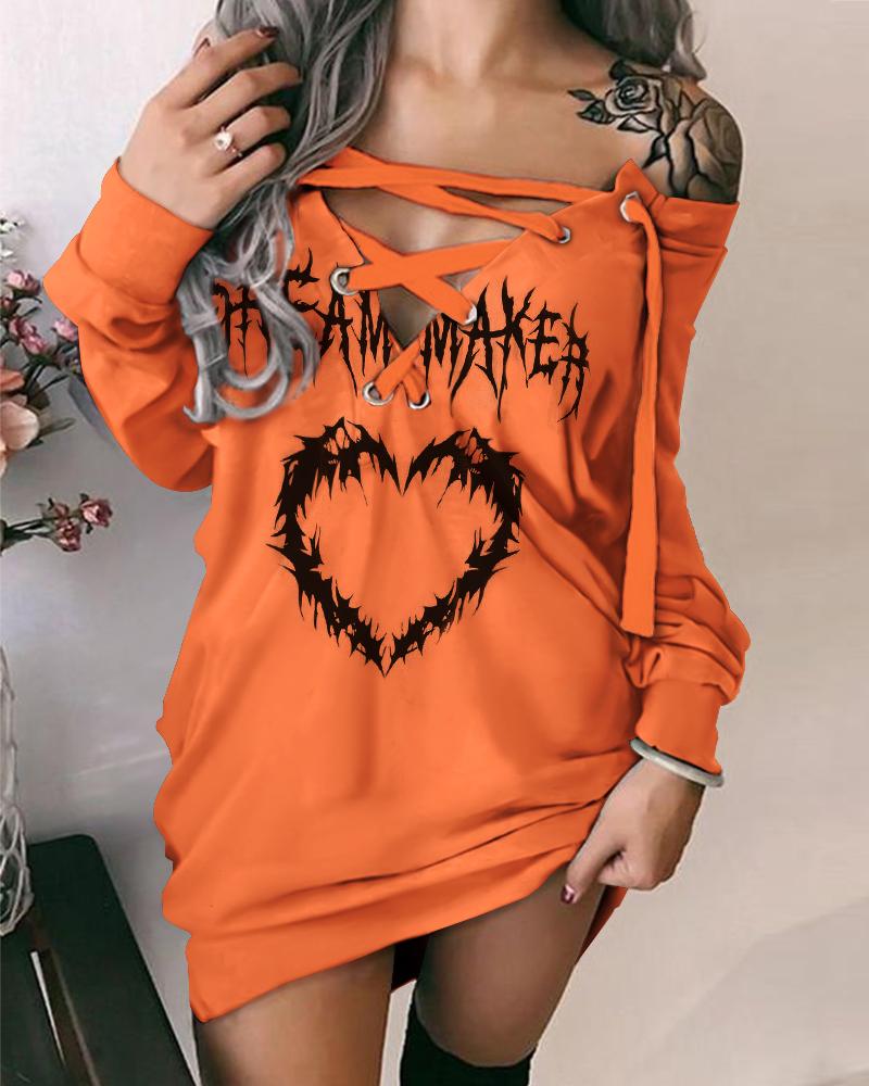 

Halloween Graphic Print Eyelet Lace-up Sweatshirt Dress, Orange