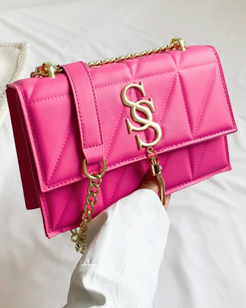 

Letter Pattern Chain Strap Tassel Design Magnetic Shoulder Bag, Hot pink