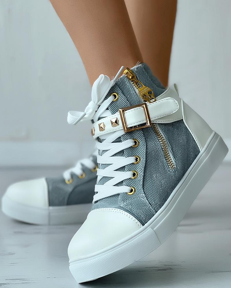 

Eyelet Lace-up Studded High Top Canvas Shoes, Blue