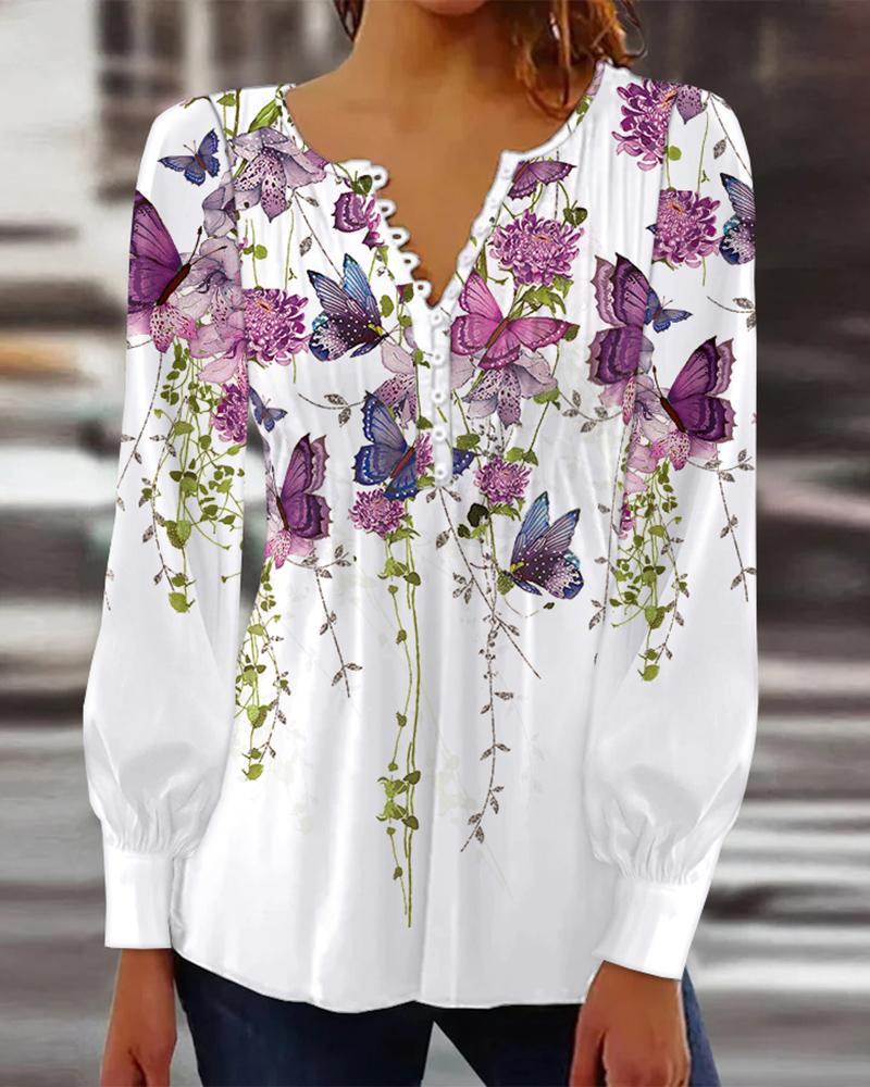 

Butterfly Plants Print Long Sleeve Top, White