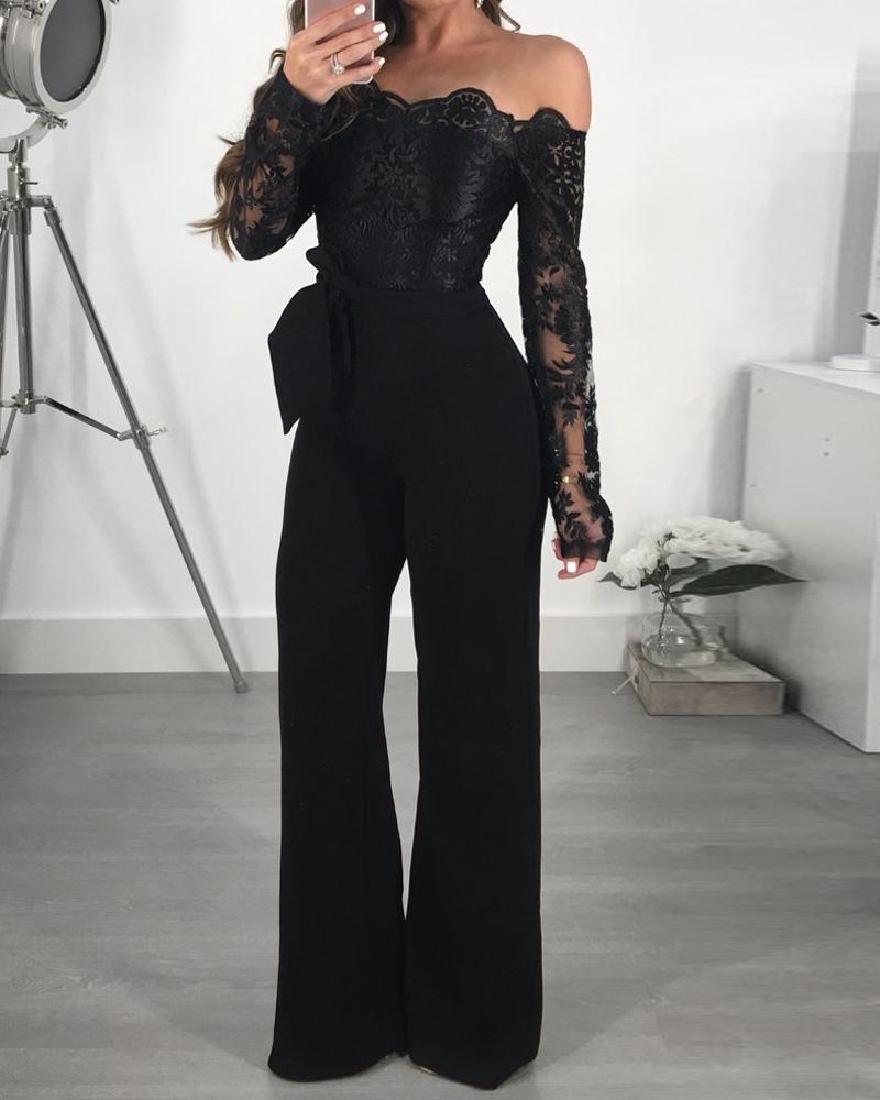 

Contrast Lace Off Shoulder Tied Detail Jumpsuit, Black