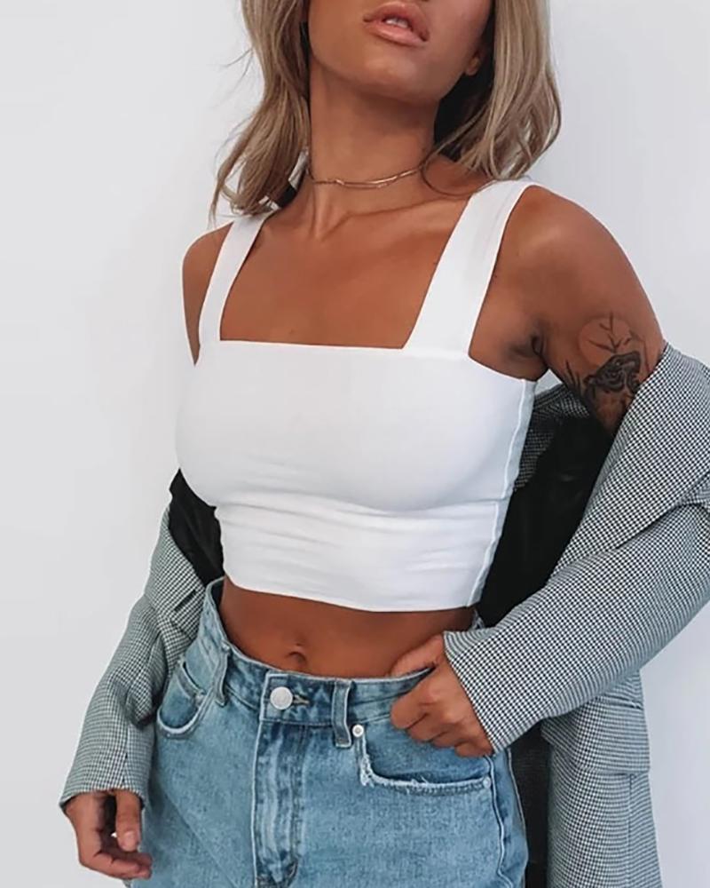 

Thick Strap Square Neck Plain Crop Top, White