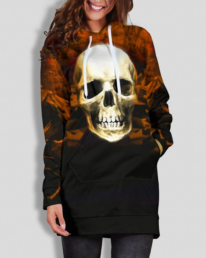 

Halloween Skull Print Ombre Long Sleeve Drawstring Hoodie, Orange
