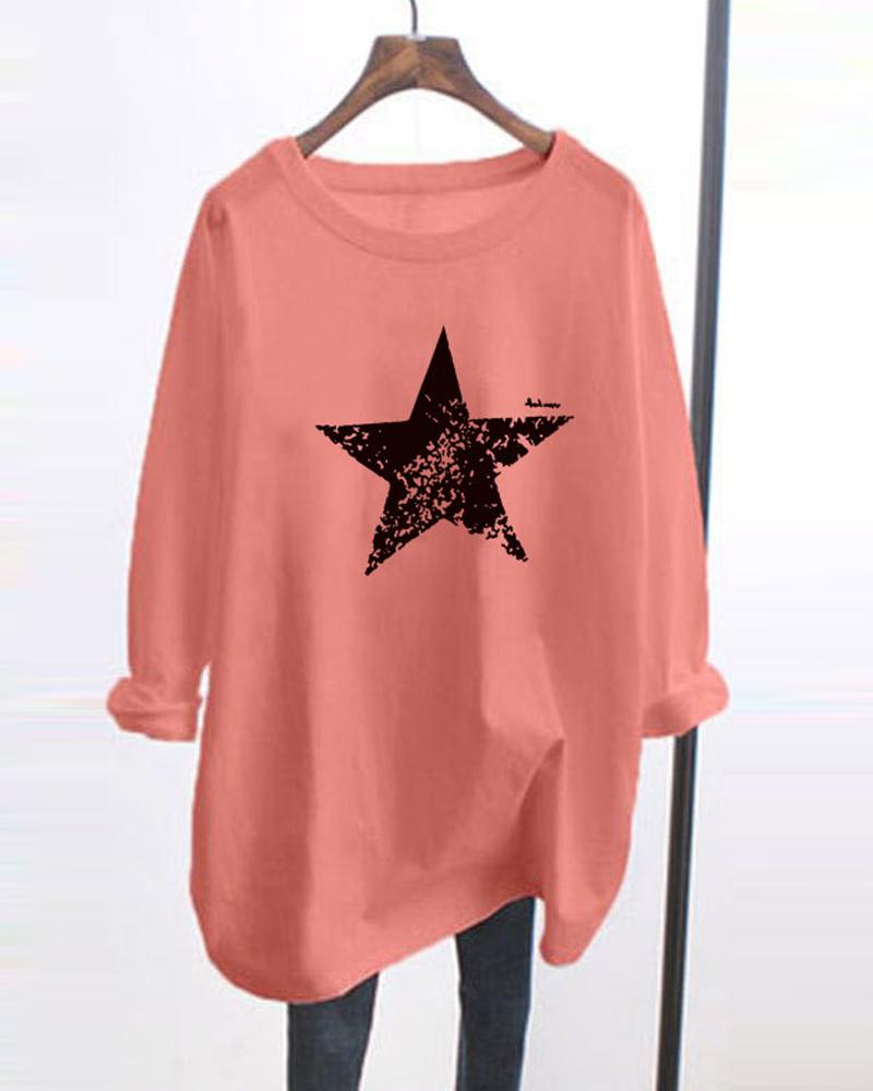 

Star Printing Long Sleeve T-shirt, Pink