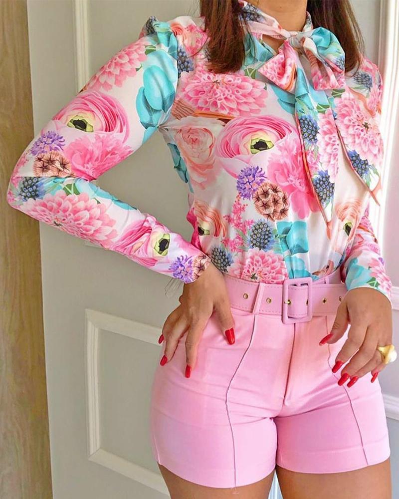 

Flower Print Long Sleeve Women Blouse Shorts Suit Sets, Pink