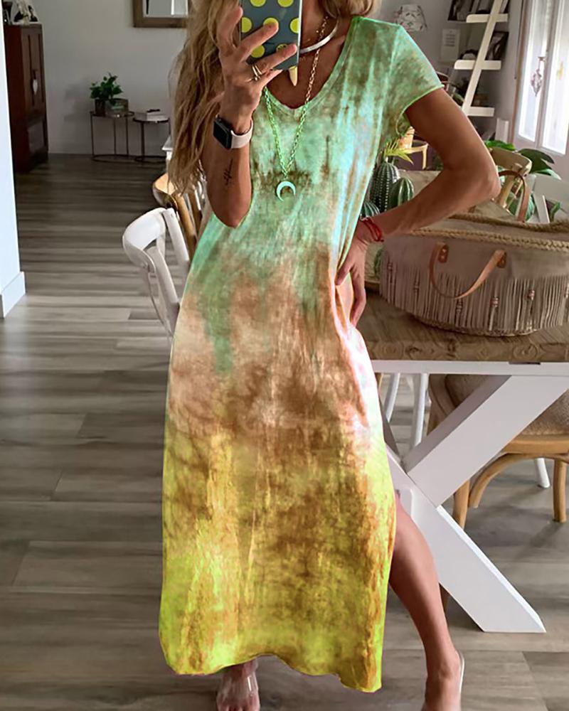 

Tie Dye Print V-Neck Short Sleeve Slit Maxi Dress, Yellow