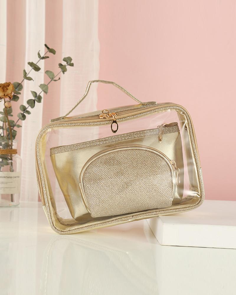 

3PCS Clear Makeup Bag Cosmetic Beauty Bag Portable Travel Pouch Multifunctional Toiletry Organizer, Gold