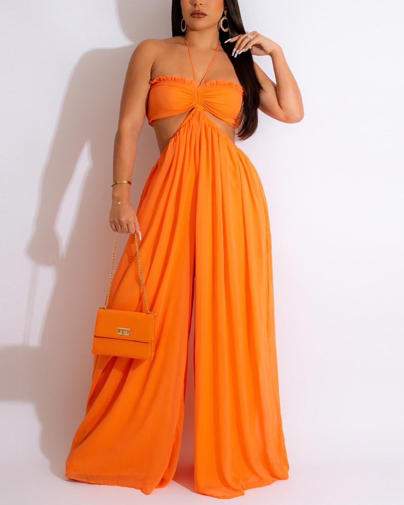 

Cutout Waist Wide Leg Flared Jumpsuit, Orange