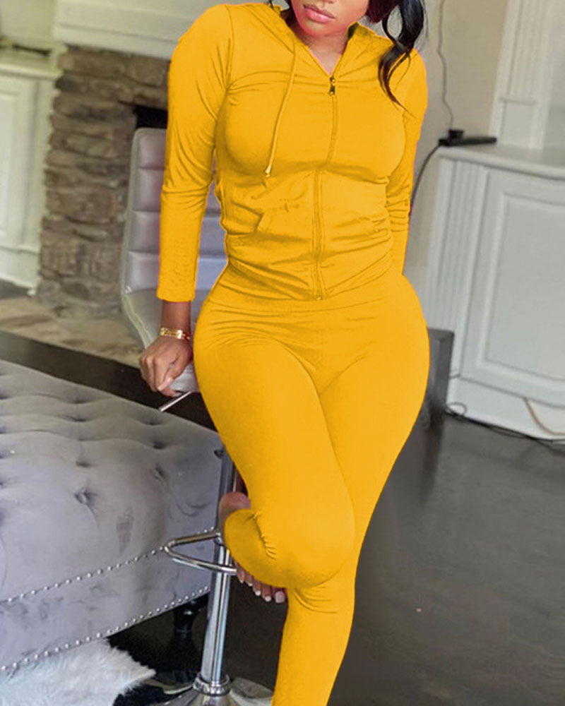 

Long Sleeve Zip Up Drawstring Hooded Top & Pants Set, Yellow