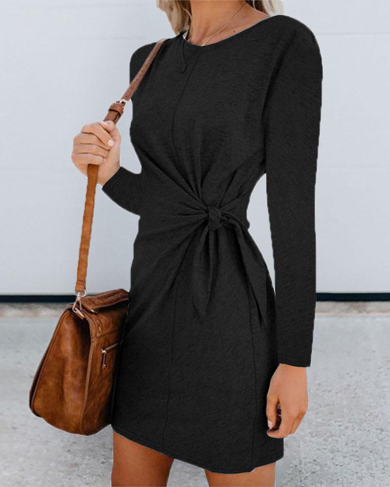 

Knotted Design Round Neck Long Sleeve Dress, Black