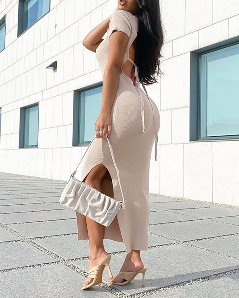 

Ribbed Cutout Slit Short Sleeve Maxi Dress, Khaki