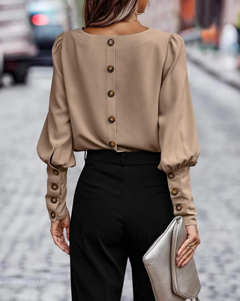 

Gigot Sleeve Buttoned Ruched Top, Khaki