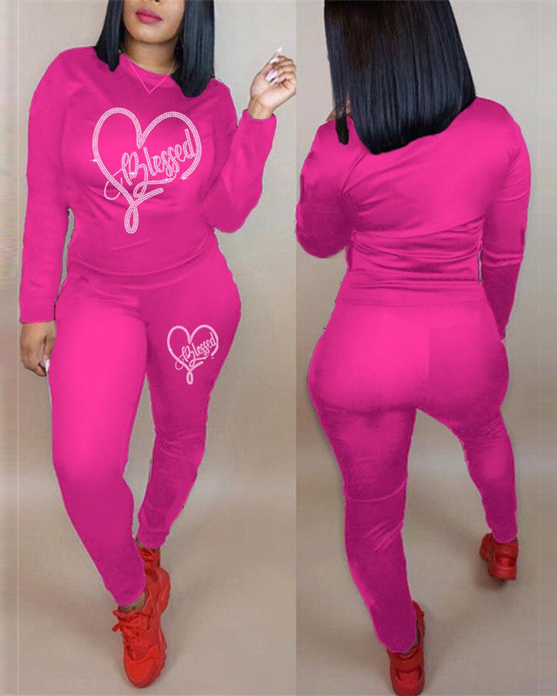 

Plus Size Rhinestone Letter Heart Pattern Top & Pants Set, Hot pink