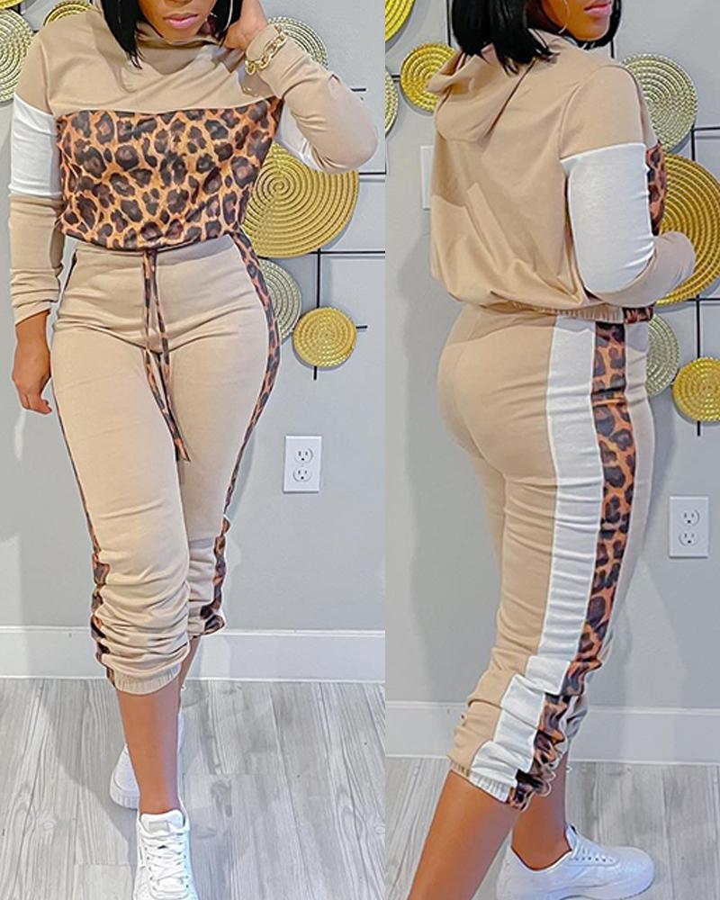 

Colorblock Leopard Print Hooded Top & Striped Drawstring Pants Set, Apricot