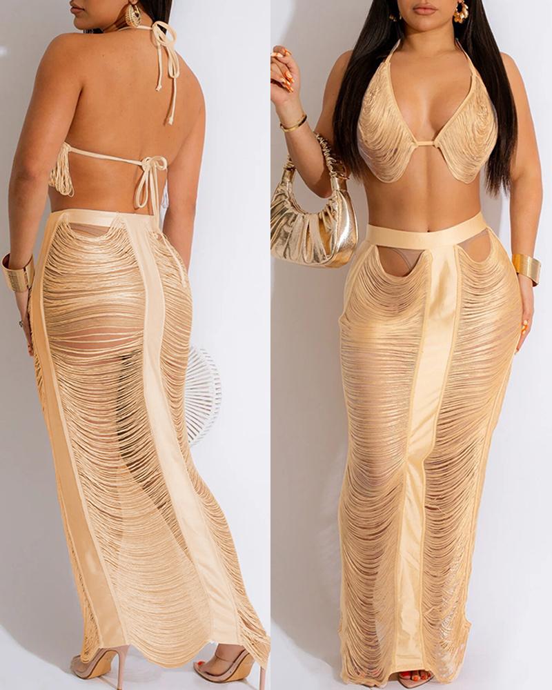 

Hollow Out Bikini Top & Maxi Skirt Set, Apricot
