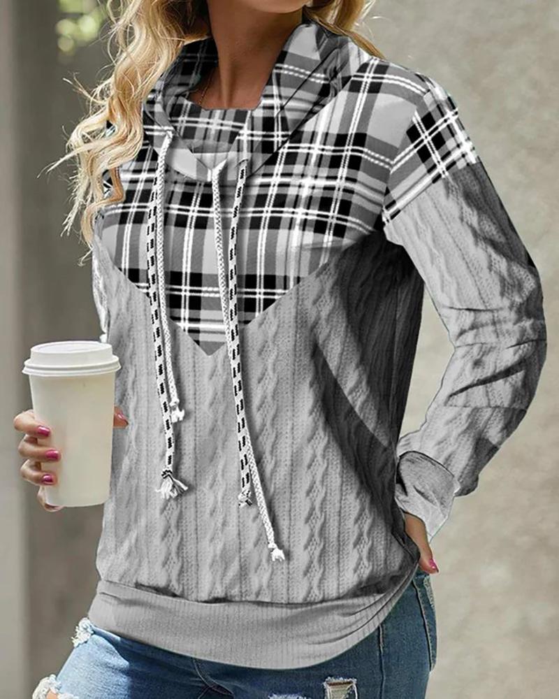 

Plaid Print Cable Textured Hooded Sweatshirt, Gray