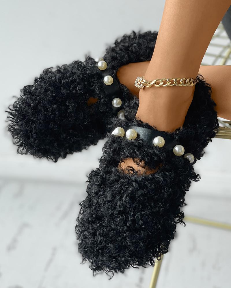 

Beaded Decor Fluffy Slip On Shoes, Black
