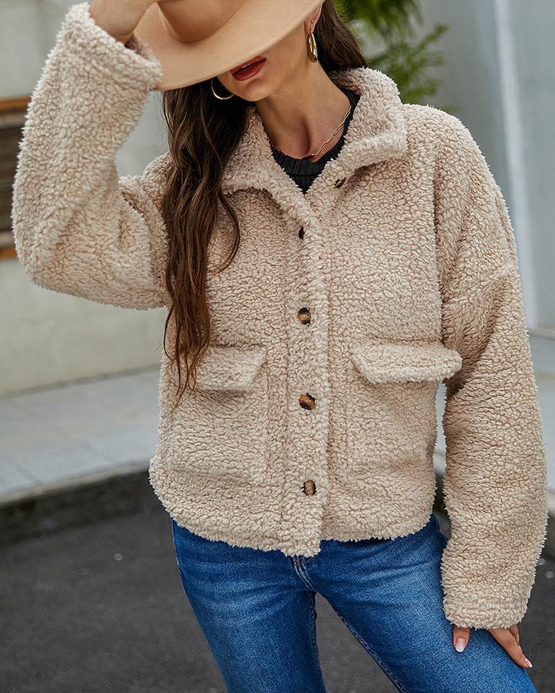 

Long Sleeve Pocket Button Design Teddy Coat, Apricot