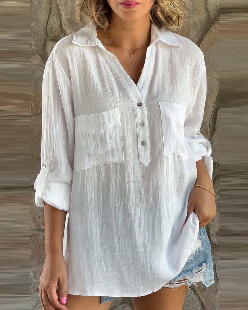 

Roll Up Sleeve Buttoned Pocket Design Shirt, White