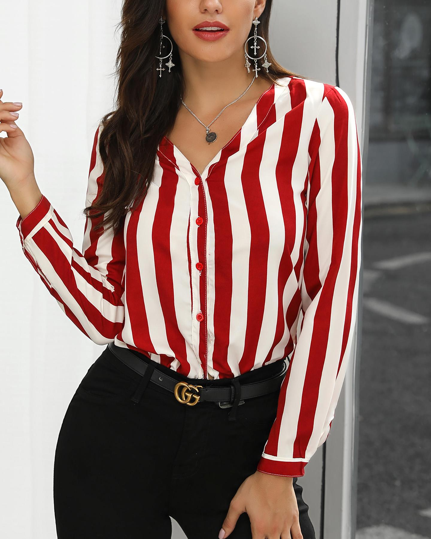 

Stripes Button Up Long Sleeve Women Blouse, Red