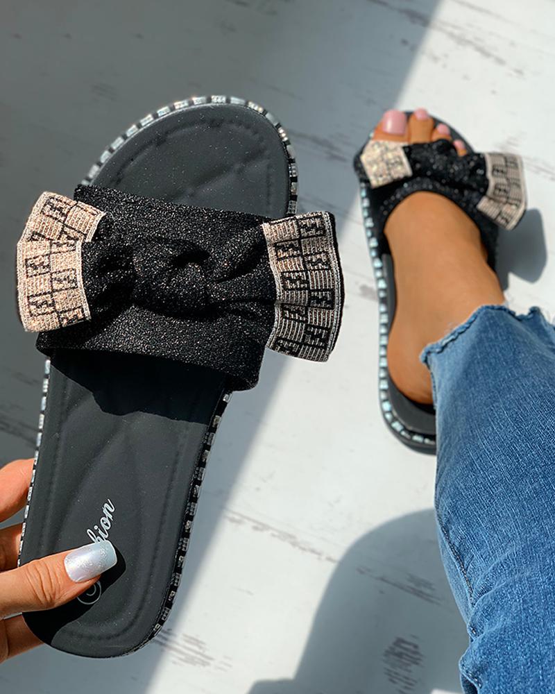 

Glitter Bowknot Decor Colorblock Flat Sliders, Black