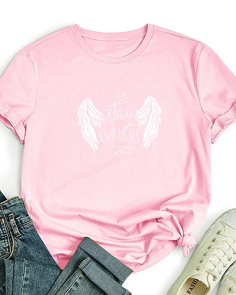 

Graphic Text Angel Print Round Neck Cotton Basic Top, Pink