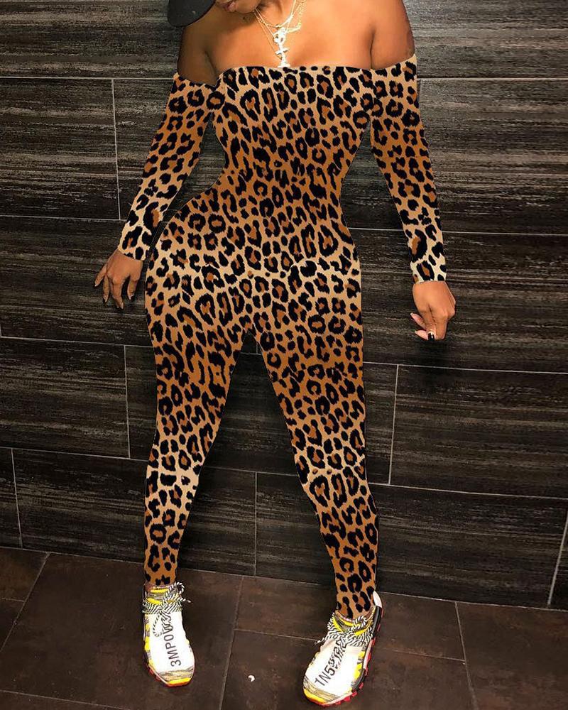 

Leopard / Letter Print Off Shoulder Jumpsuit