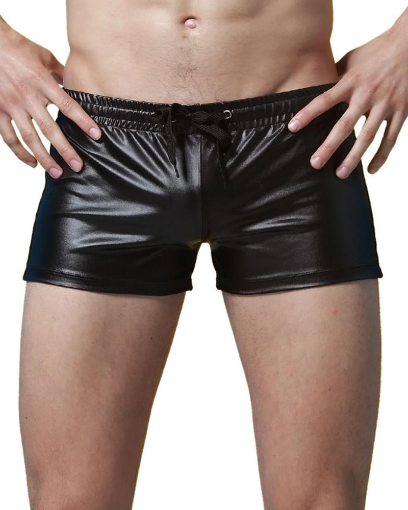 

Solid Skinny PU Swimwear Shorts Briefs, Black