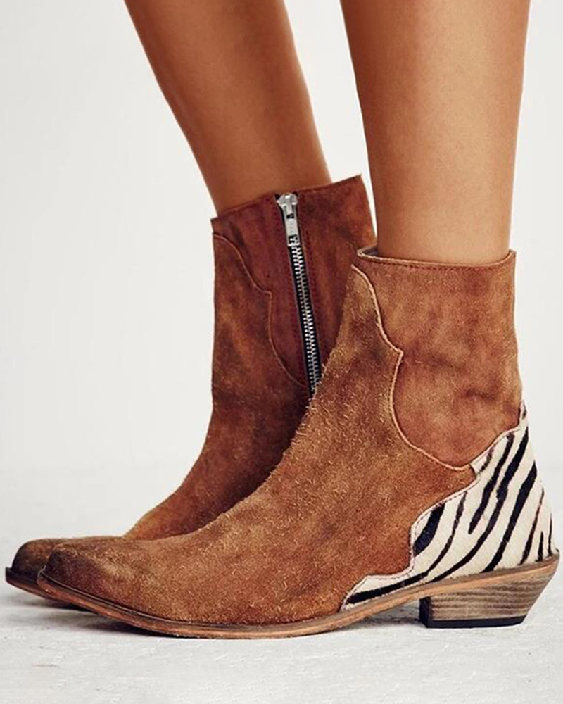 

Zipper Design Zebra Stripe Pattern Cowboy Boots, Brown