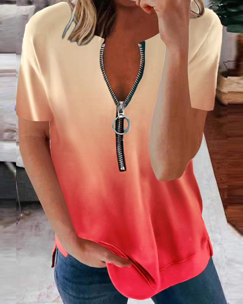 

Zipper Design Ombre Casual T-shirt, Orange