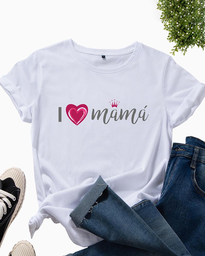 

Mother' Day Round Neck Letter Heart Print T-Shirt, White