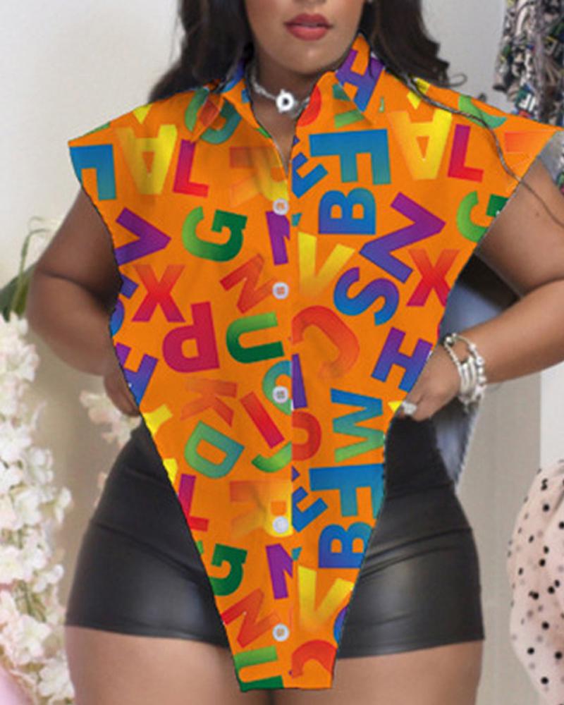 

Plus Size Letter Print Split Hem Button Down Shirt, Orange