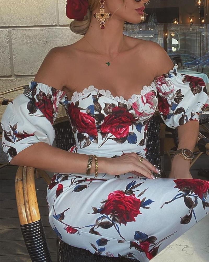 

Floral Print Lace Trim Off Shoulder Dress, White