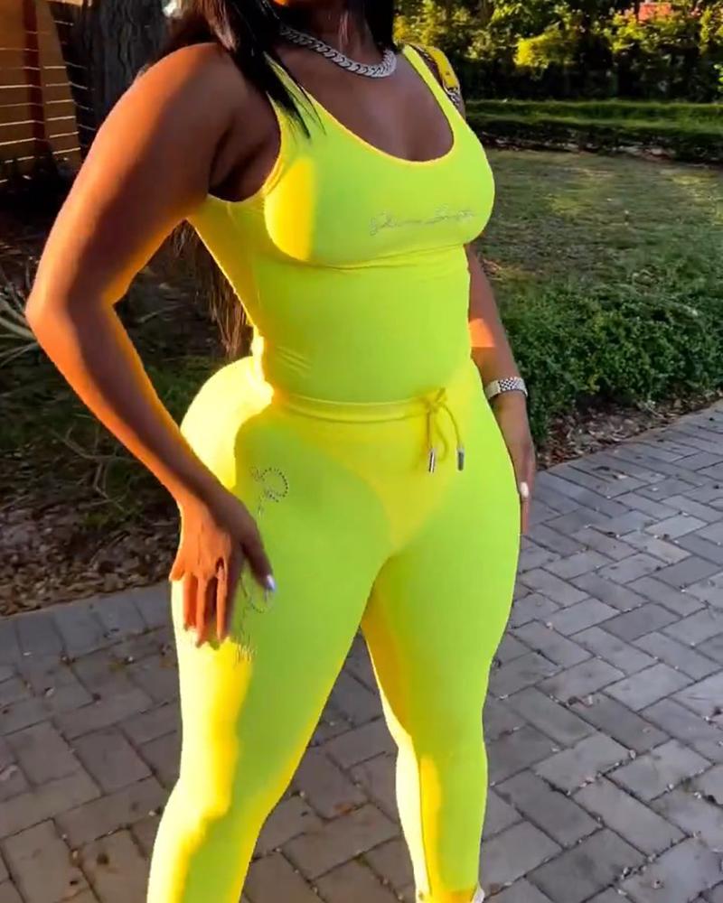 

Rhinestone Letter Pattern Bodysuit & Drawstring Pants Set, Yellow