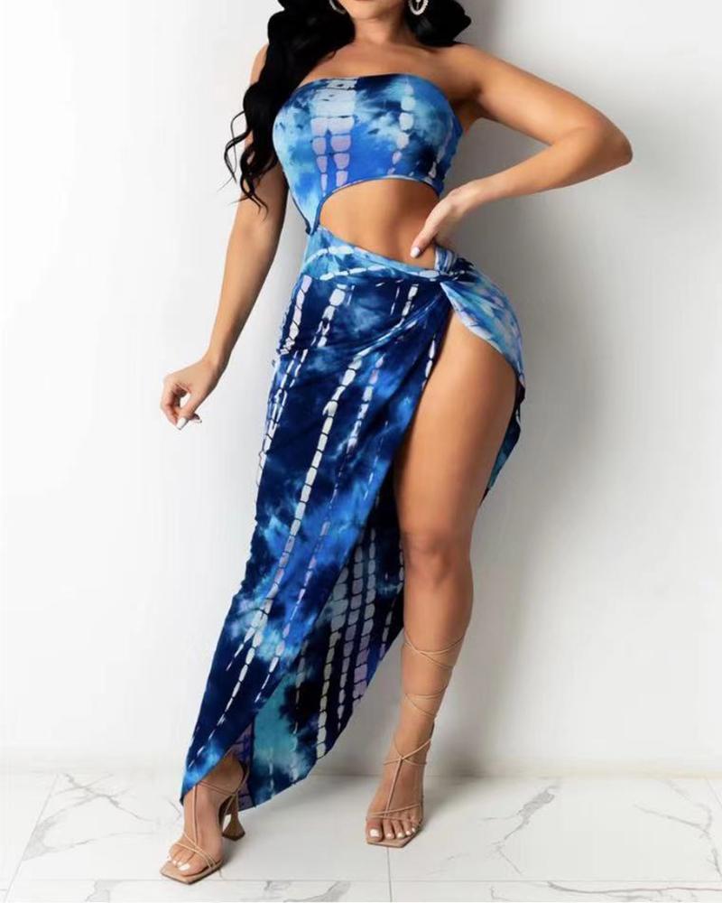 

Tie Dye Print Cut-out Off Shoulder Sleeveless Cropped Top With Skirt Skirt Sets, Blue