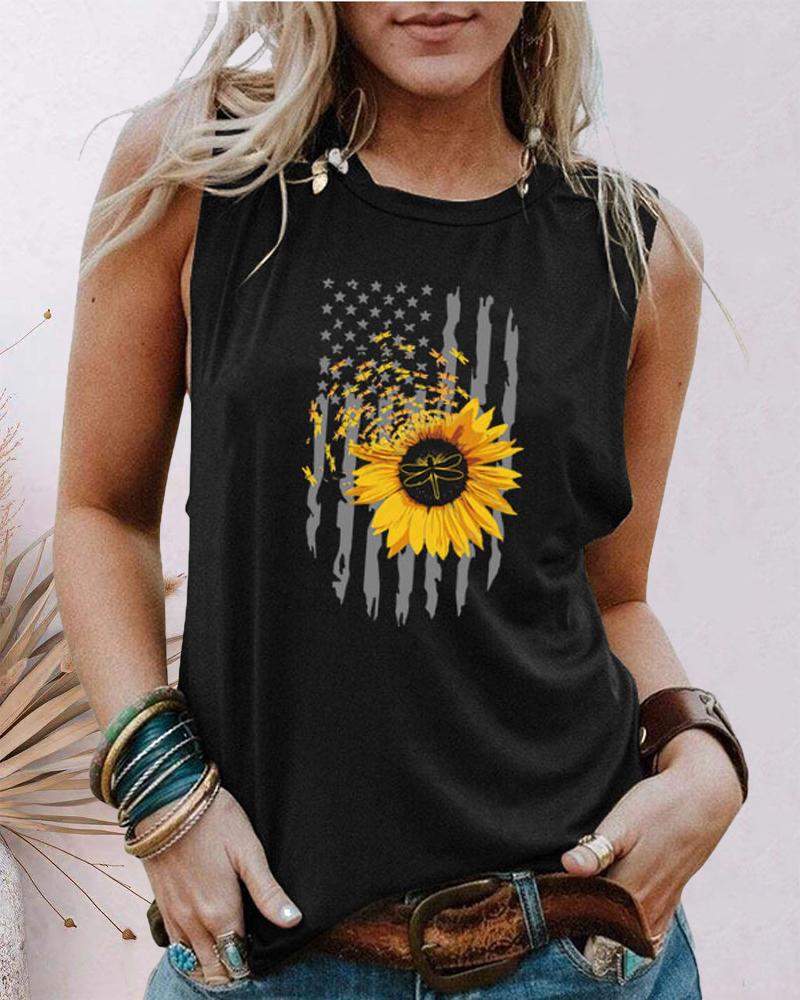 

Independence Day Sunflower Flag Print Tank Top, Black