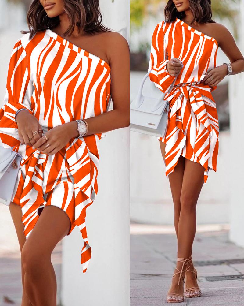 

Zebra Stripe Print One Shoulder Tied Detail Casual Dress, Orange