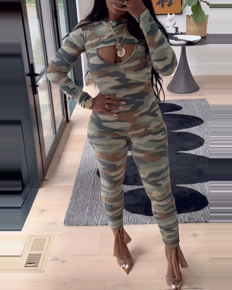 

Plus Size Camouflage Print Jumpsuit & Top Set, Camoflage