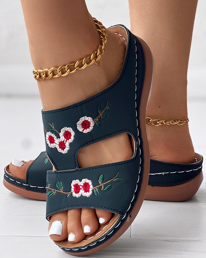 

Floral Embroidery Hollow Out Wedge Slippers, Black