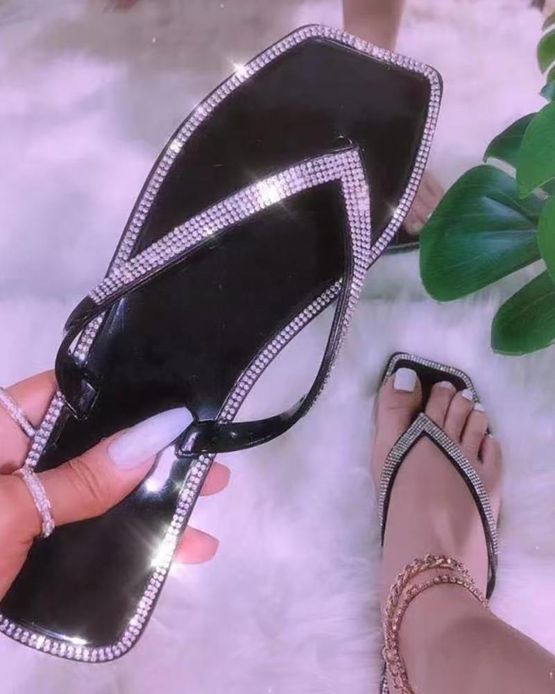 

Rhinestone Toe Post Clear Strap Flip Flops, Black