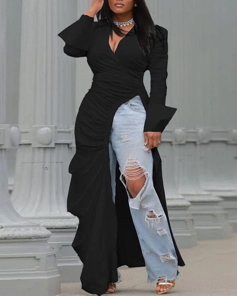 

Ruched High Slit Longline Top, Black