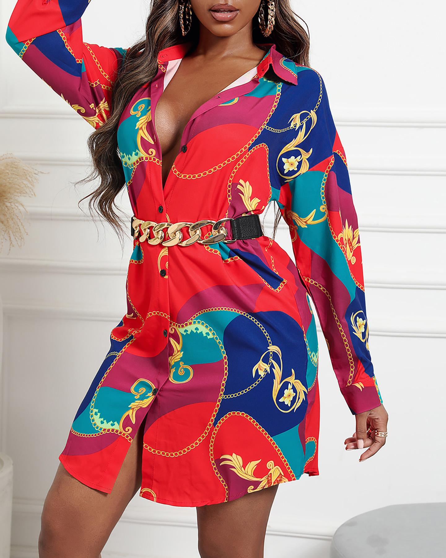 

Scarf Chain Print Long Sleeve Shirt Dress, Red