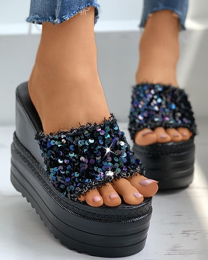 

Peep Toe Sequins Fringe Hem Wedge Heeled Sandals, Black