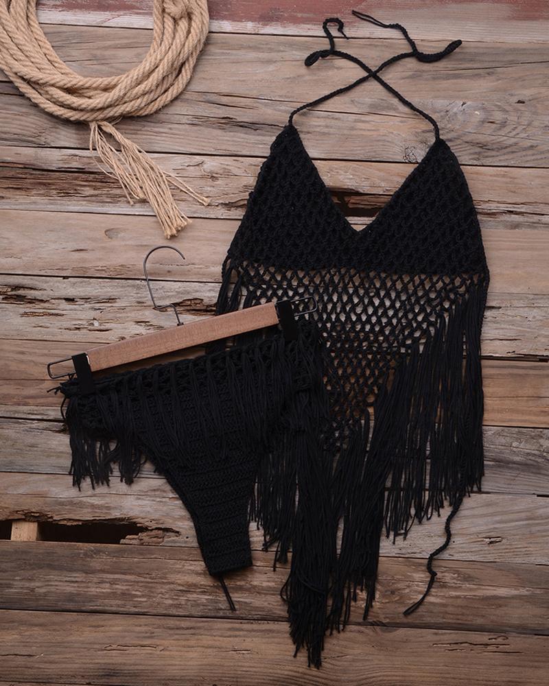 

Halter Hollow Out Tassel Design Bikini Set, Black