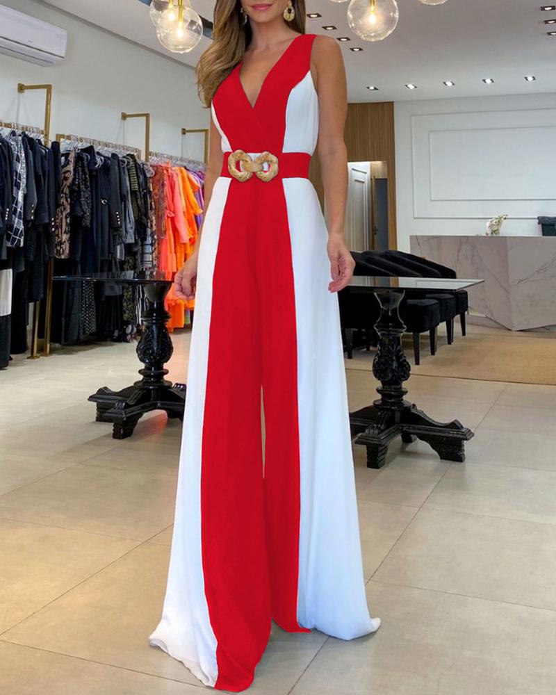 

Colorblock Sleeveless Wide Leg Jumpsuit Without Belt, Red